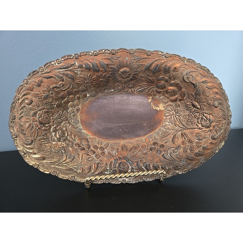 Antique Silver Gold Copper Tone Bowl 9.5" Oval‎ Ornate High Relief Flowers Rose